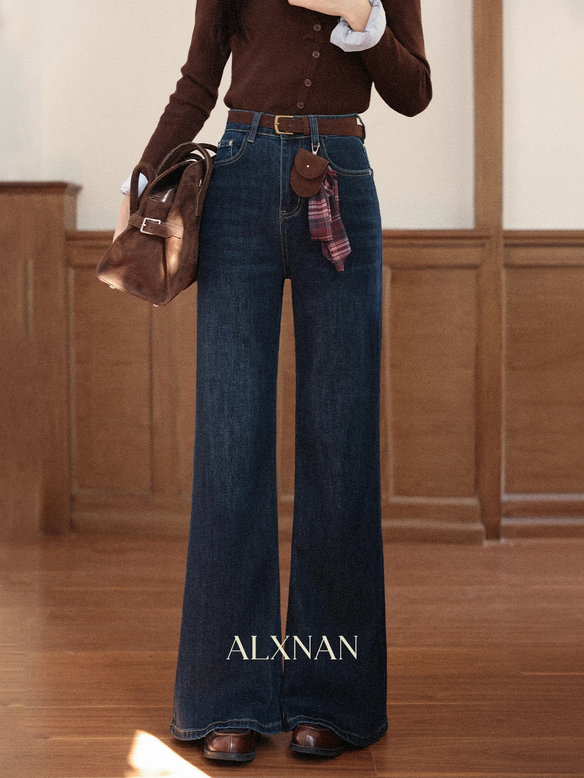 

ALXNAN Blue Jeans High-waist Wide-leg Straight Cotton Denim Pants 2025 Autumn Casual Elegant Vintage Women's Baggy Pants L57258