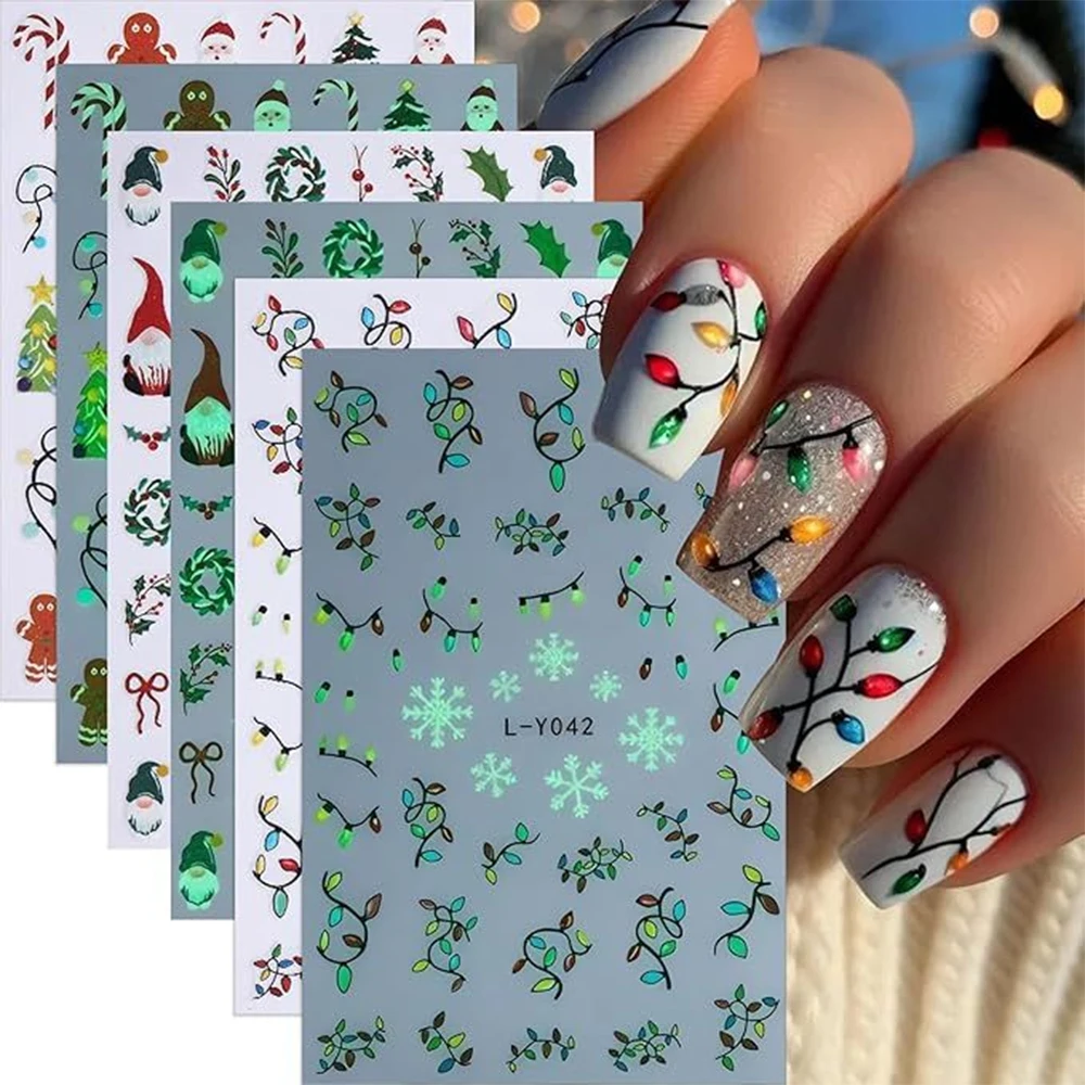 สติกเกอร์ติดเล็บลายคริสต์มาส 3 มิติ แบบเรืองแสง ลายเกล็ดหิมะ/ซานตาคลอส/พวงหรีด  แบบติดเอง  ตกแต่งเล็บเรืองแสงสำหรับเทศกาลคริสต์มาส