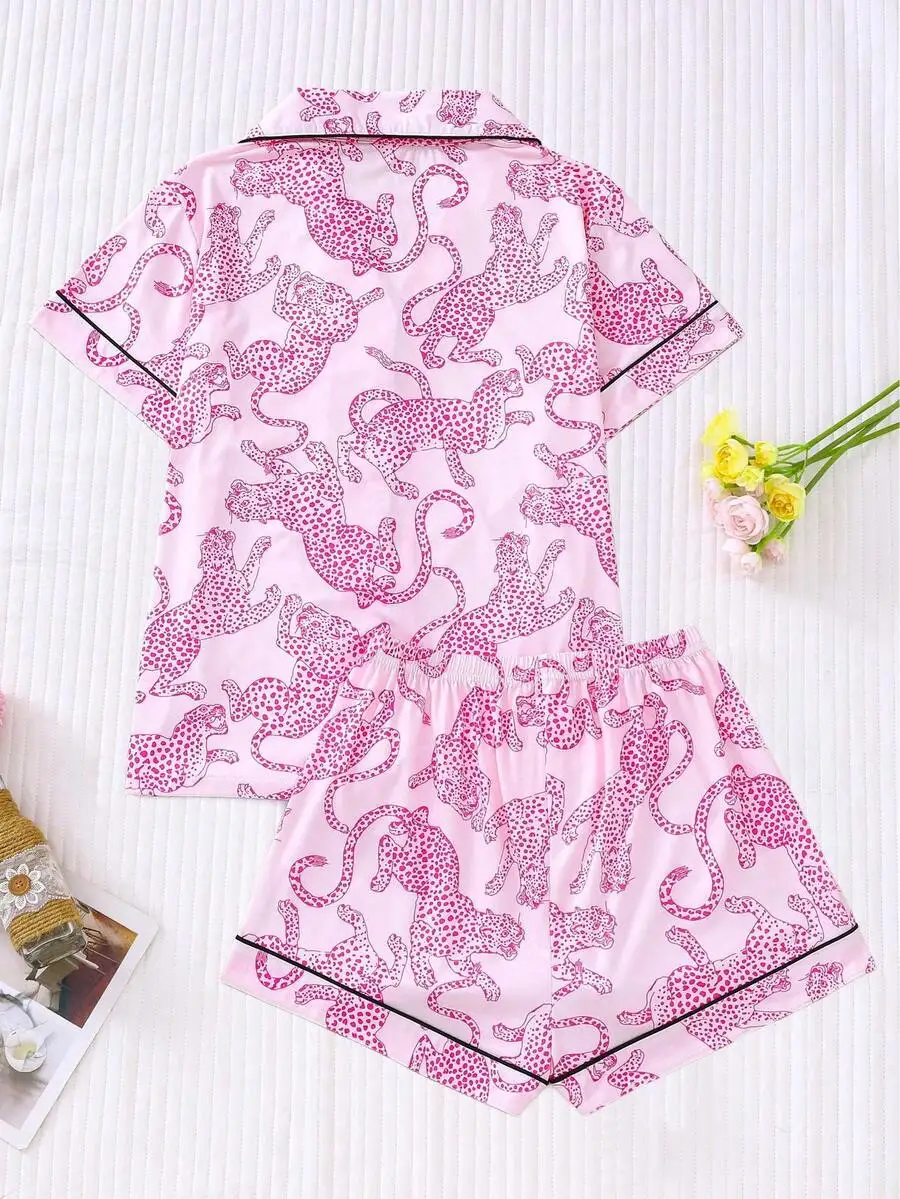 

Pink Leopard Print Womens Pajama Set Short Sleeve Button-Up Shirt And Loose Shorts