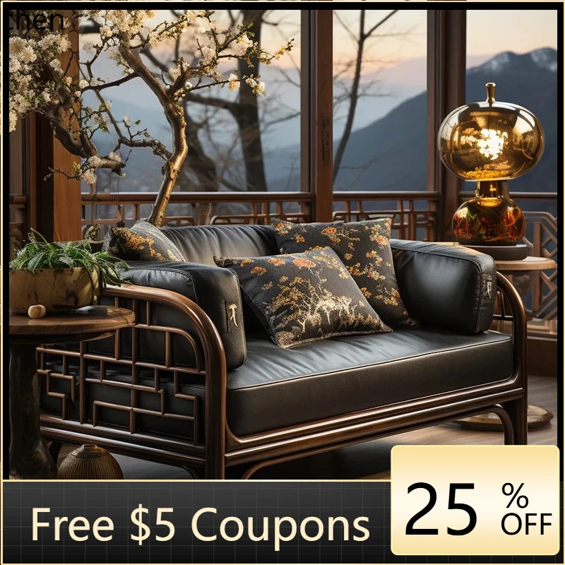 

leather sofa living room walnut villa light luxury high-end wooden furniture
