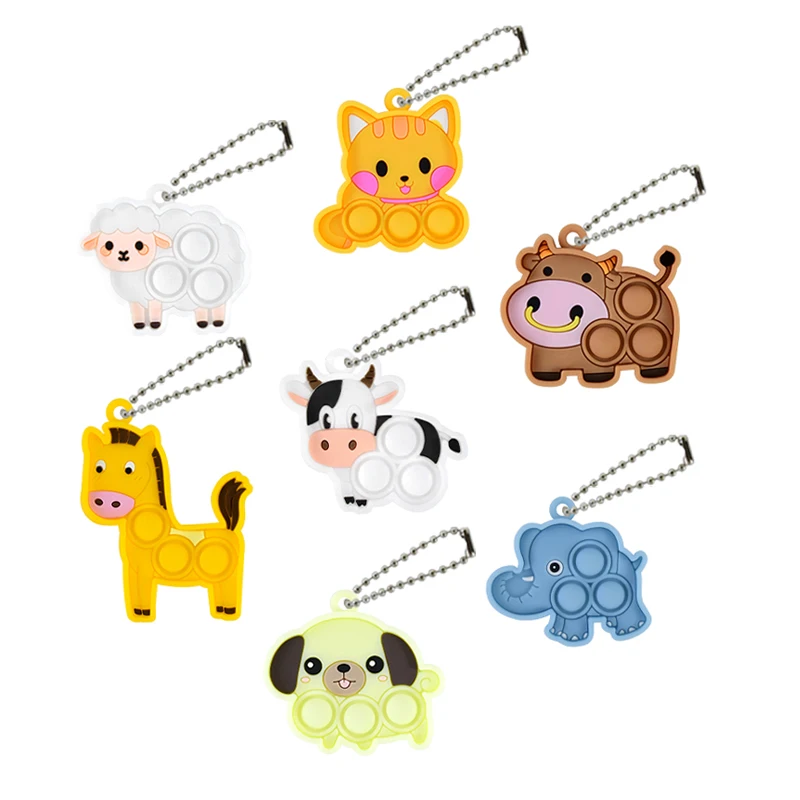 Mini llavero de dibujos animados de 7 piezas para niños, juguetes sensoriales Kawaii para aliviar el estrés, perro, gato, elefante