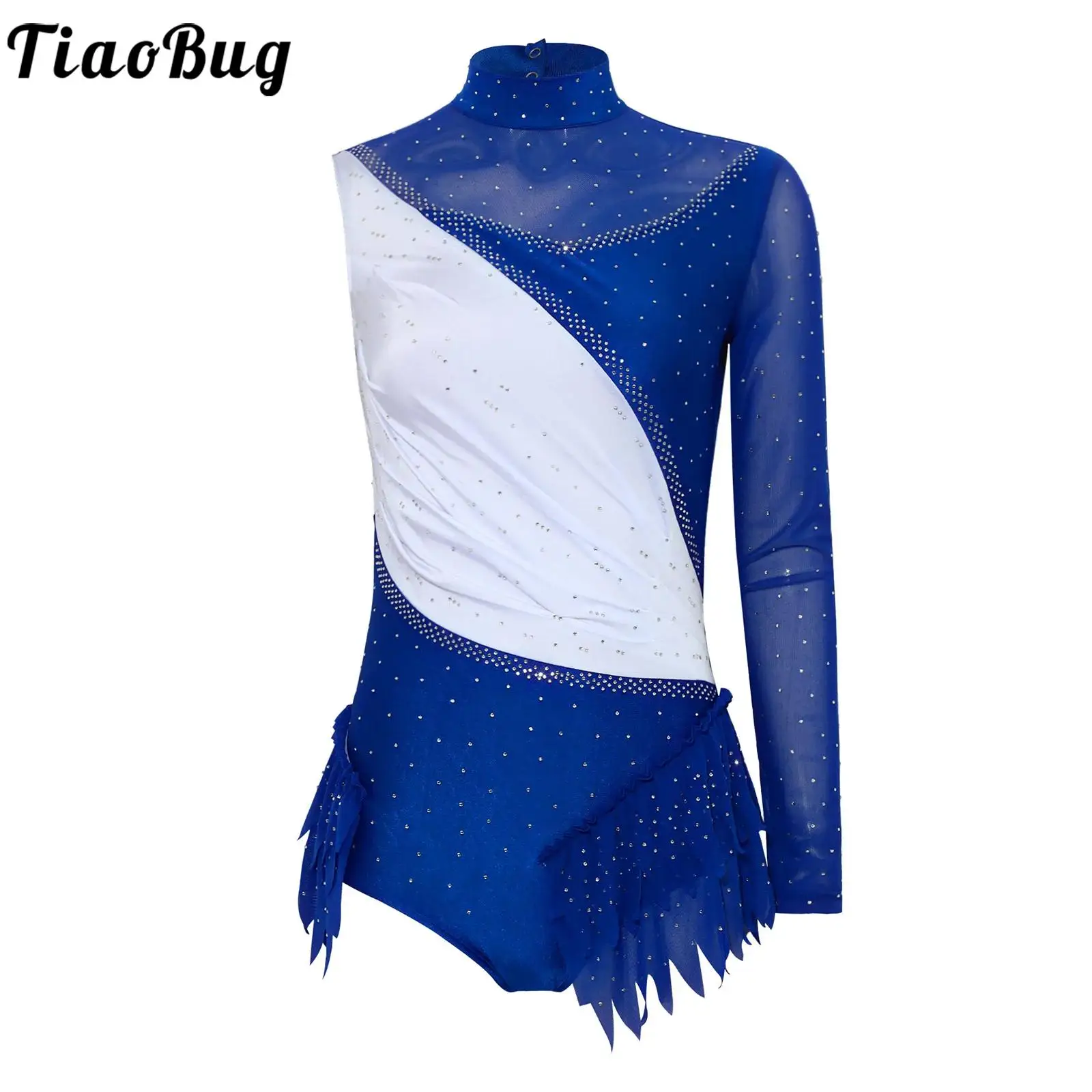

Women Figure Skating Ballet Gymnastics Performance Bodysuit Single Long Sleeve Backless Rhinestone Leotard Color Block Dancewear