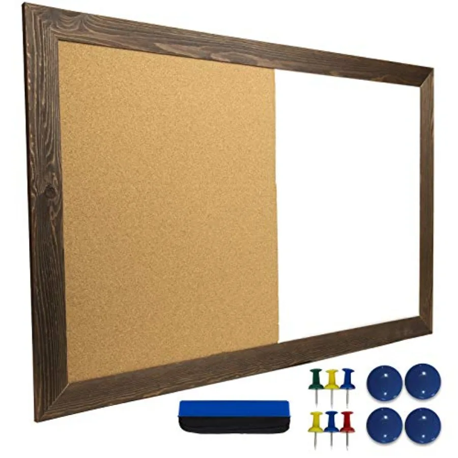 

Dry Erase Cork Board Combo: Magnetic White Board with Cork Bulletin and Rustic Wooden Frame for Home, School, Office - 24"x36"