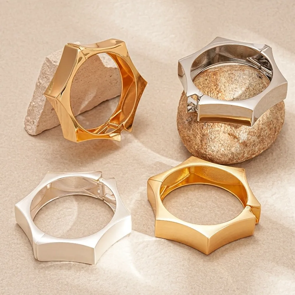 

Alloy Metal Wide Open Bangle Matte/Glossy Europe American Style Cuff Bangles Minority Design Hexagon Exaggerated Bracelet Girls