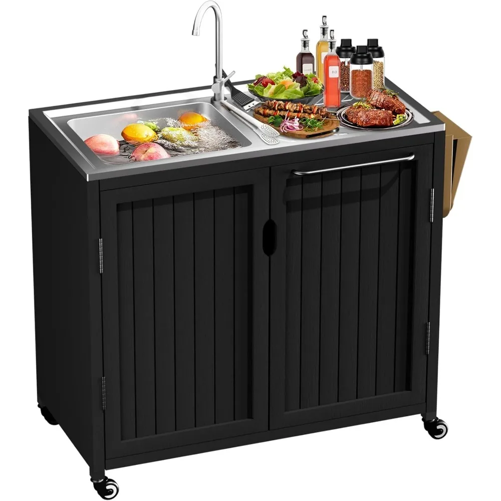 

Outdoor Grill Table Kitchen Island with 304 Stainless Steel Top | Rolling Cart with Bar Sink, Faucet & Storage Cabinets | Solid