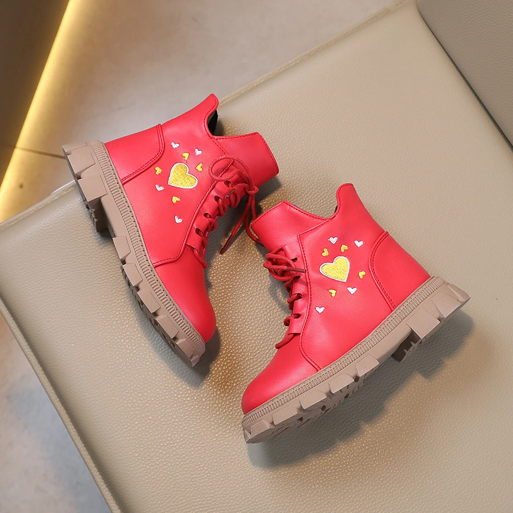 COMFY KIDS Toddler Bright Red Heart Embroidery Ankle Boots, Soft Cushioned Non-Slip Rubber Sole Side Zipper Lightweight Short Le