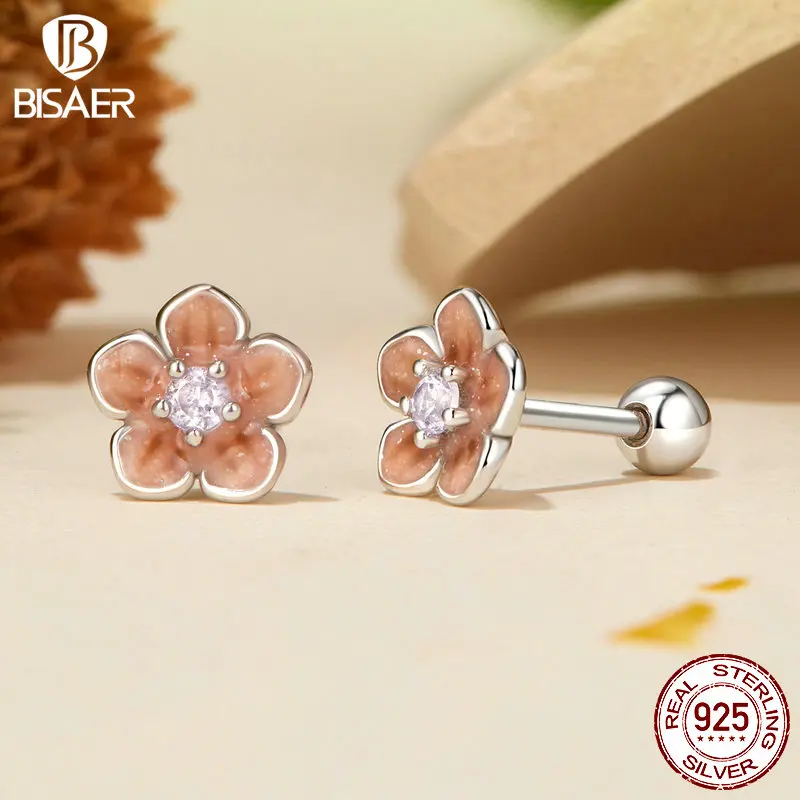 BISAER 925 Sterling Silver Cherry Studs Earrings Butterfly Enamel Earrings Plated White Gold for Romantic Woman Fine Jewelry