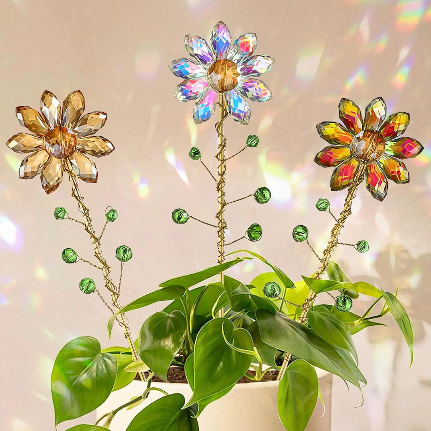 1Pc Crystal Sunflower Suncatcher Gold Trellis Metal Plant Stake Garden Potted Plant Decorations Gift for Plant Lovers