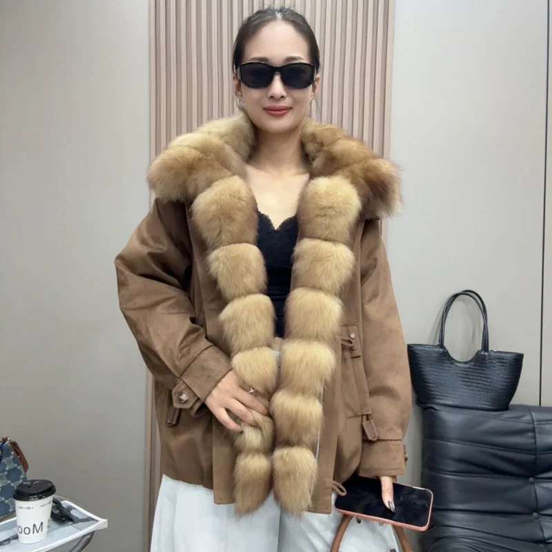 Women Mid‑length Fur Parka Detachable Large Fox Fur Collar Winter Goose Down Jacket Warm Puffer Real Fox Fur Casual Outerwear