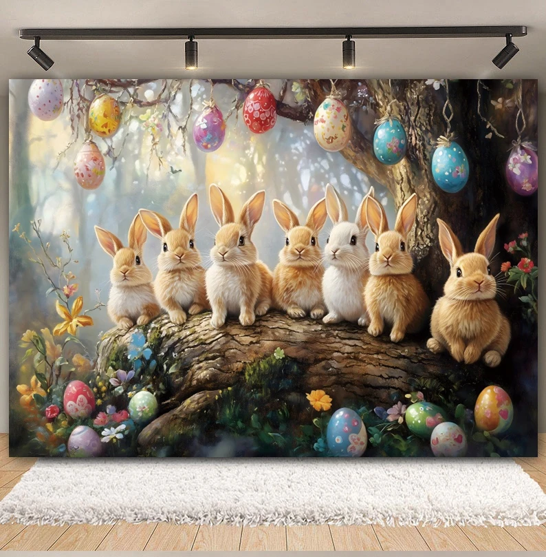 Spring Easter Backdrop Forest Bunny Egg Rabbit Flower Easter Day Kids Birthday Baby Shower Photography Background Photo Studio