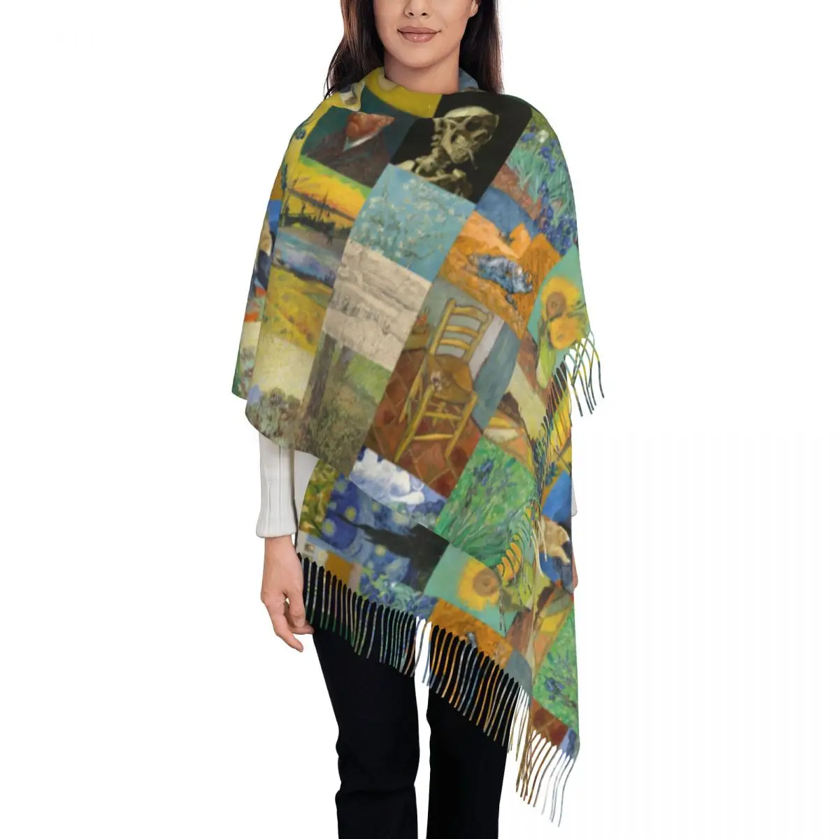 Vincent Van Gogh Painting Collage Scarf Wrap Women Long Winter Fall Warm Tassel Shawl Unisex Scarves