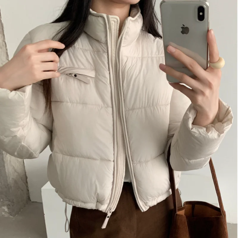 Women Stand Collar Cropped Puffer Jacket Zip Up Pocket Drawstring Hem Warm Winter Coat