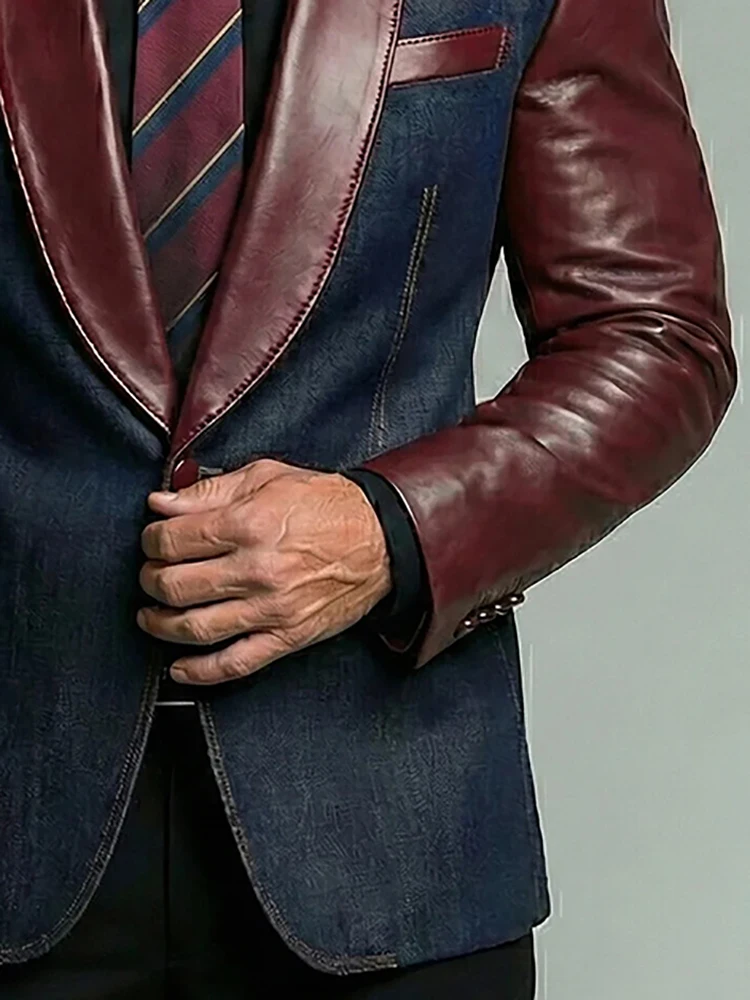Men Faux Denim Burgundy Patchwork Pu Leather Blazer Shawl Lapel Single Breasted Business Formal Casual Outdoor Blazer Outerwear