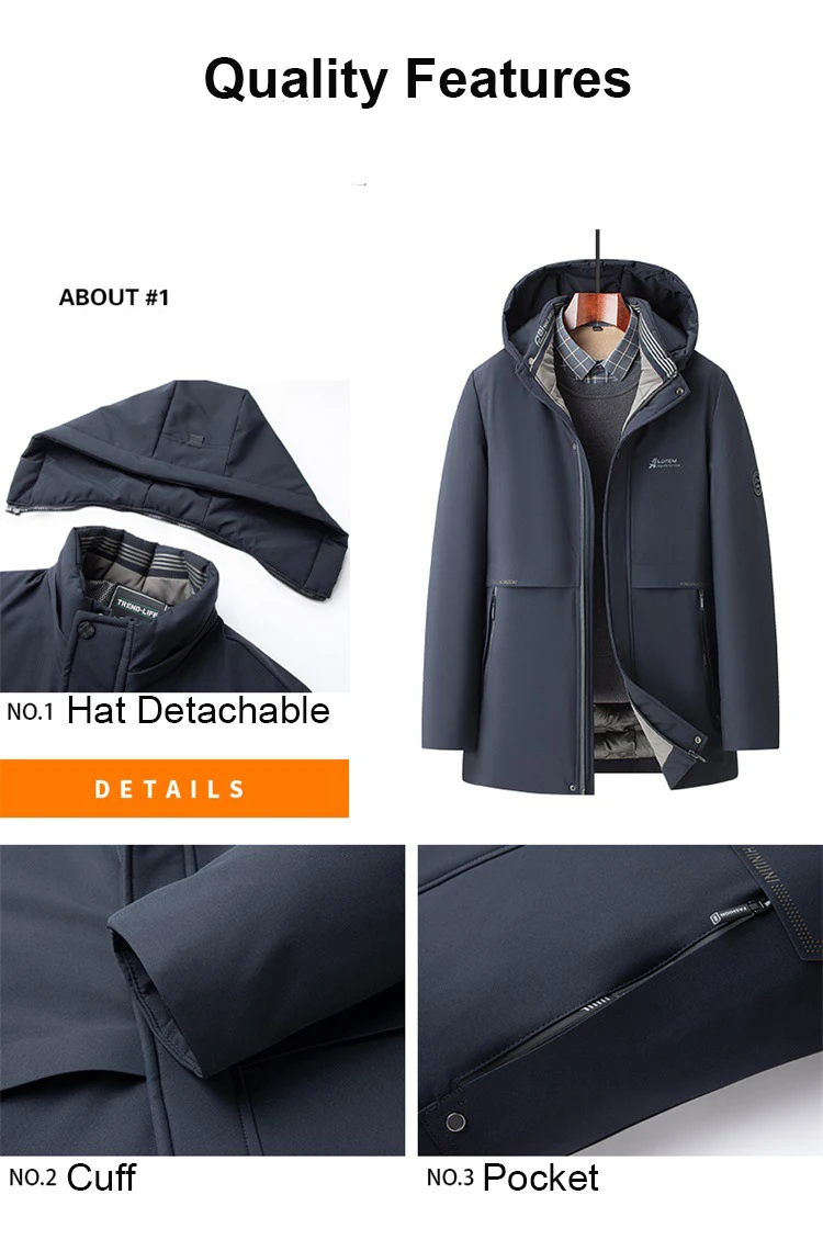 5XL Men's Winter Mid-Long Coat Warm Jacket Thick Coat Hat Detachable Long Jacket Business Jacket Mens Winter Hooded Warm Parkas