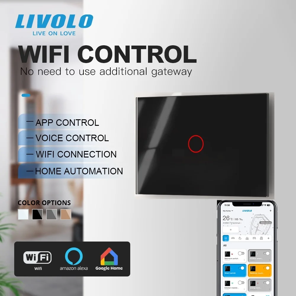

Livolo Стандарт США Умный переключатель Wi-Fi, Беспроводной интеллектуальный сенсорный выключатель света с интеллектуальным управлением, 1 группа, 1 способ для Google Home, Aleax