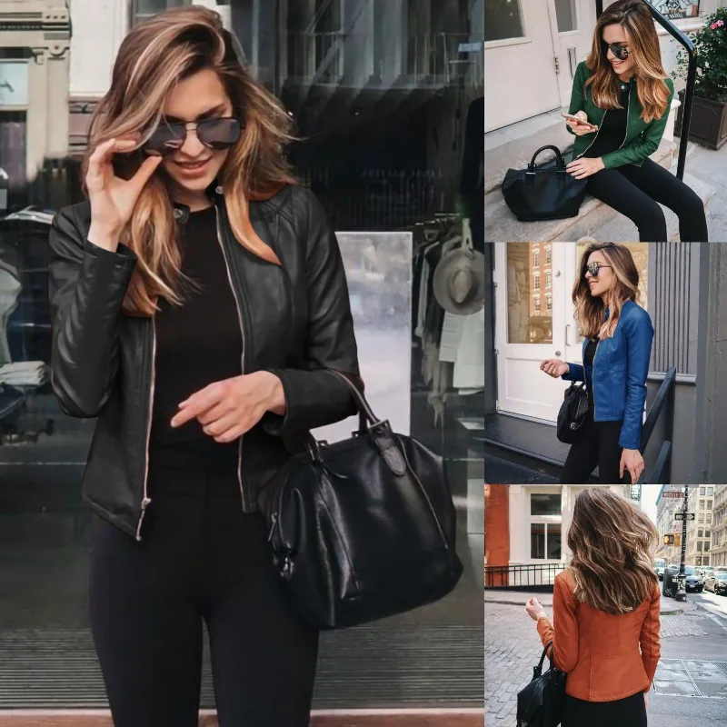 Spring Autumn Leather Jacket Women Cropped Jacket PU Leather Coat Slim Fit Top Long Sleeve Streetwear Black Jackets for Women