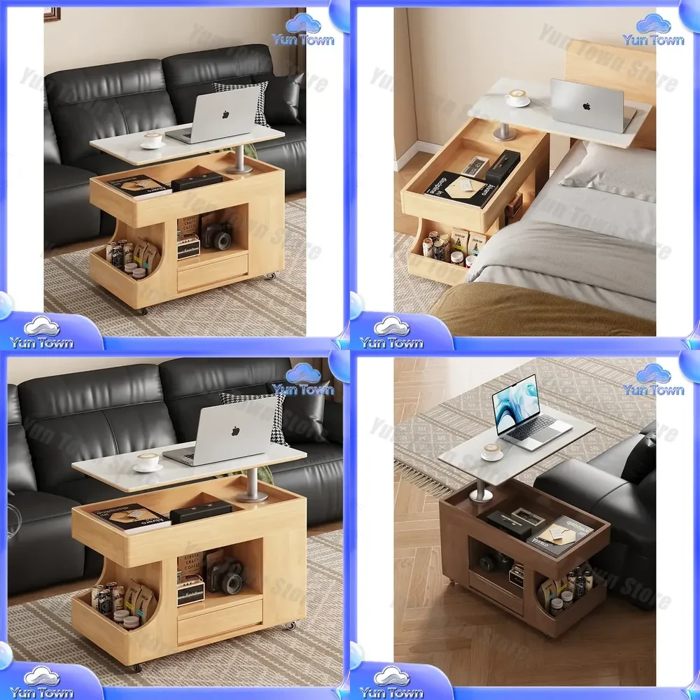 Solid Wood Mobile Coffee Table for Small Apartment Living Room Sofa Side Cabinet Lift Top Snack Trolley Bus Side Table Home