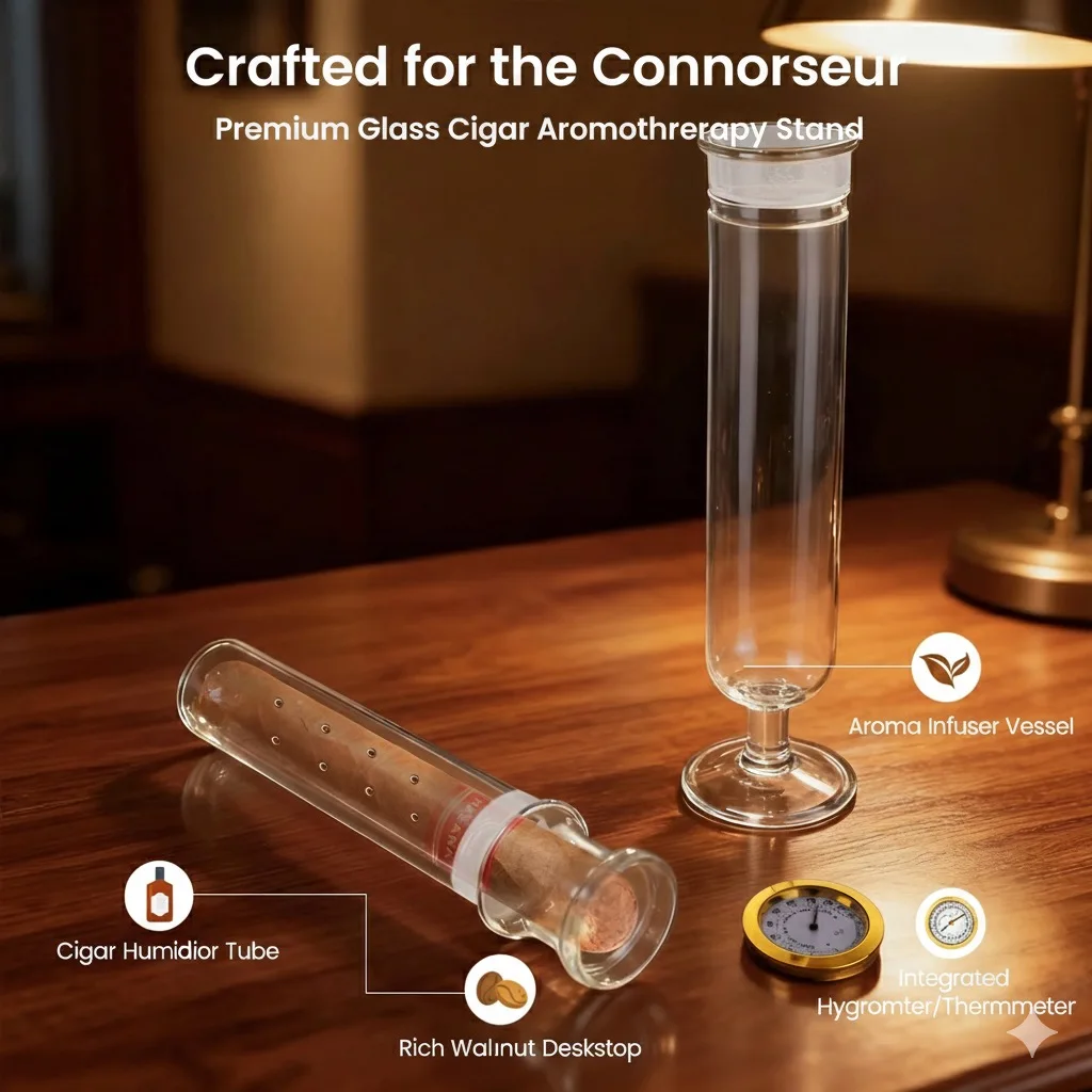 Glass Cigar Humidor Aroma Diffuser Tube Kit with Hygrometer, Flavor Infusion, Borosilicate Glass Construction, Built-in Stand
