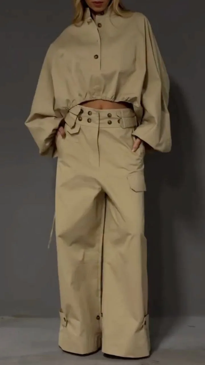 High Street 2-teiliges Set Frühling Ins Workwear-Stil Laternenärmel Loser Oberteil mit Kordelzug, gepaart mit Workwear-Hosen mit weitem Bein – Detail 3