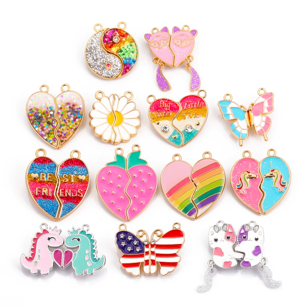 

1 Pair Enamel Best Friend Rainbow Heart Letter Alloy Pendant Charm For Couple Necklace Bracelet Keychain DIY Jewelry Making Gift