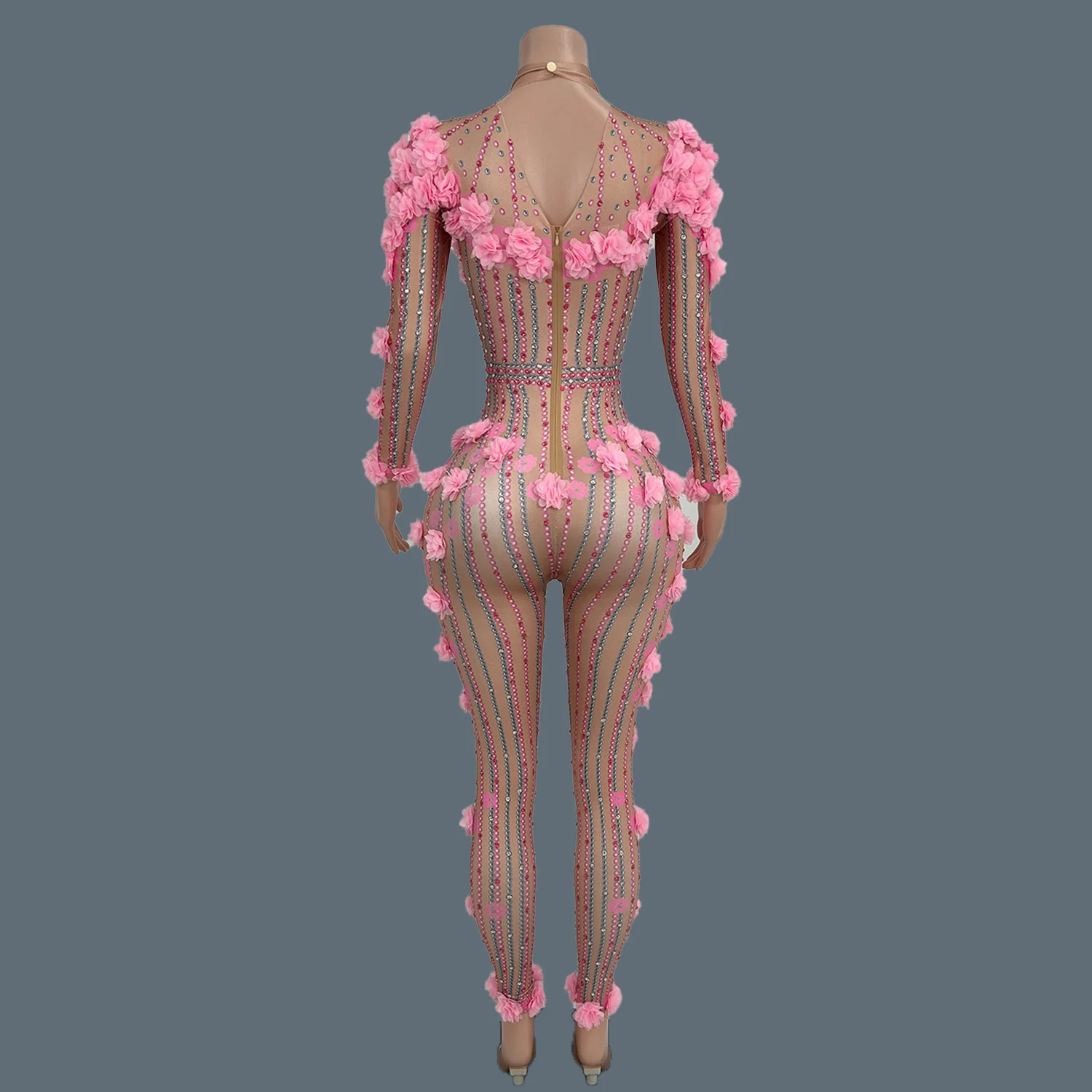 Sexy Skinny Flower Rhinestones Long Sleeve Pink Jumpsuit Women High Street Nightclub Performance Dance Stage Outfit Huaduoku