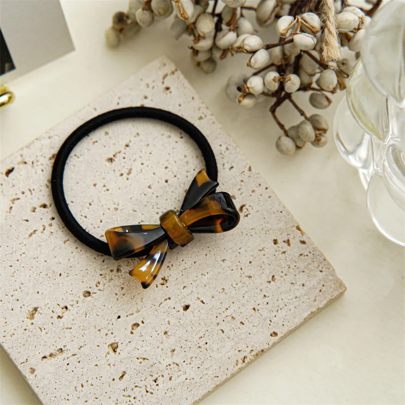 Fashion Korean Style Acetic Acid Acrylic Bow Hair Tie Leopard Tortoise Plastic Bowknot Elastic Hair Band Women Ponytail Holder