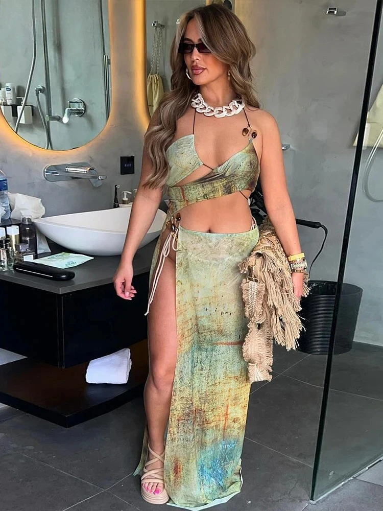 Summer Women Mid-Calf Sexy Mesh Dress K24D46937 Girl Print Halter Cut Out Side Spilt Vestido One Piece Robe Attirewear