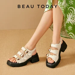 BEAUTODAY Gladiator Sandals Women Genuine Cow Leather Triple Buckle Straps Thick Sole Summer Ladies Shoes Handmade 38235
