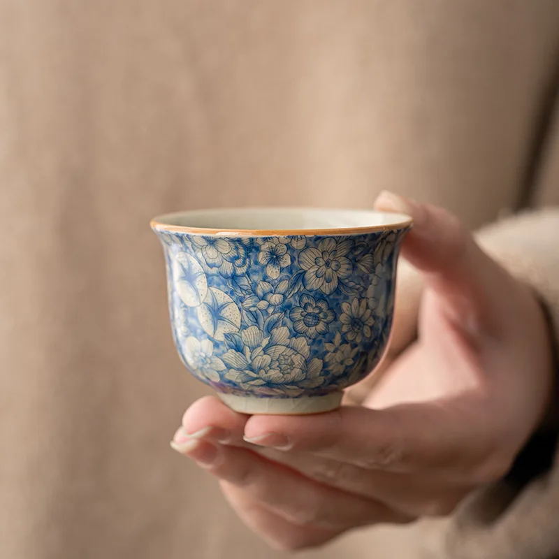 Ru-Kiln Teetasse aus Porzellan mit Blauem Blumenmuster, Keramik-Teetasse für Persönlichen Gebrauch, Traditionelles Chinesisches Kung-Fu-Tee-Set für Zuhause und Büro