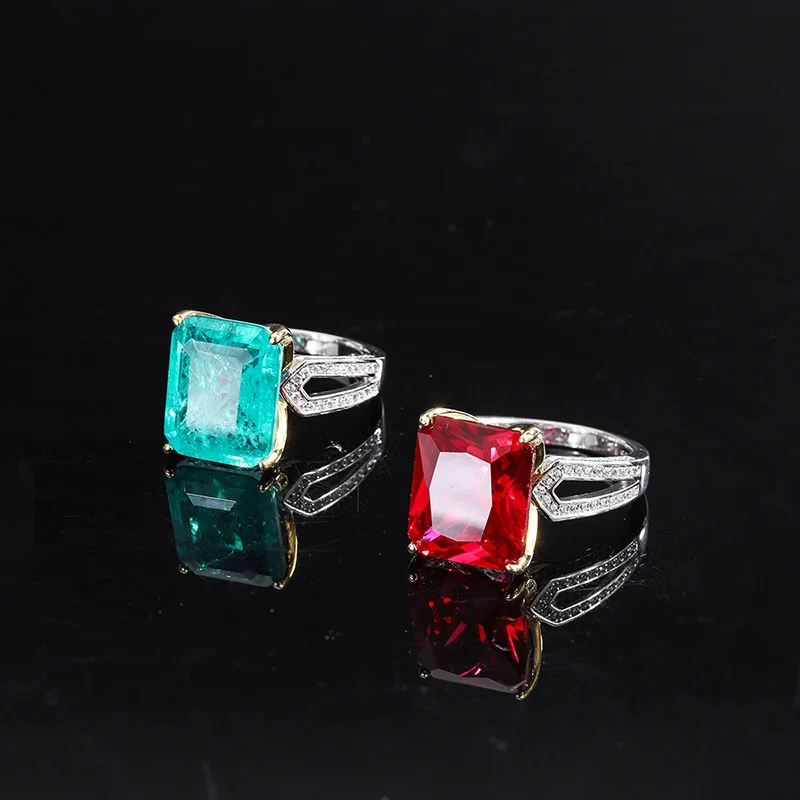 

S925 Sterling Silver 12*14mm Emerald Crystal Pigeon Blood Ruby Square Ring for Women Fashion Jewelry Luxury Designer Nordic Gift