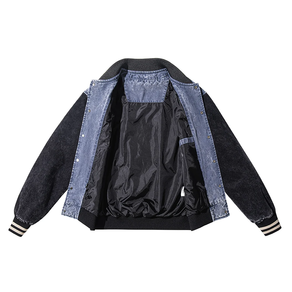 Herren Vintage Washed Denim Varsity Jacke Farbblock Knopfleiste Mantel Locker Sitzende Passform Lässige Herbst-Winter-Oberbekleidung – Detail 5