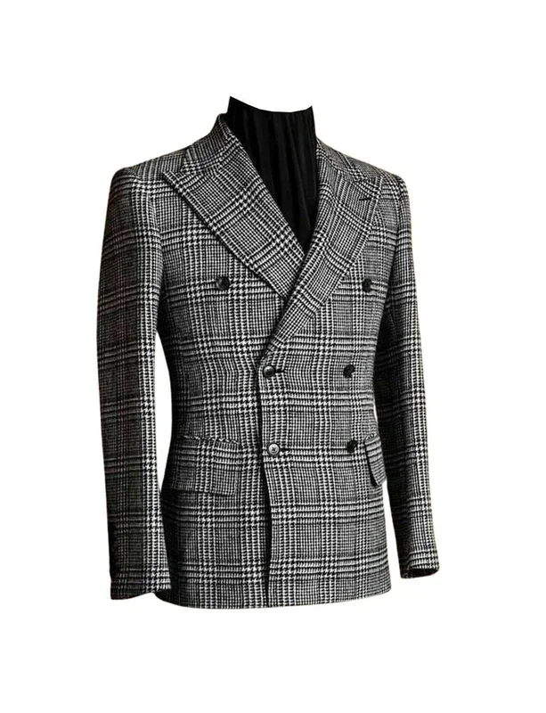 Check Men Blazer for Wedding/Business Party Plaid Peak Lapel Double Breasted Houndstooth Suit Jacket Male Fashion 1 Pc Coat