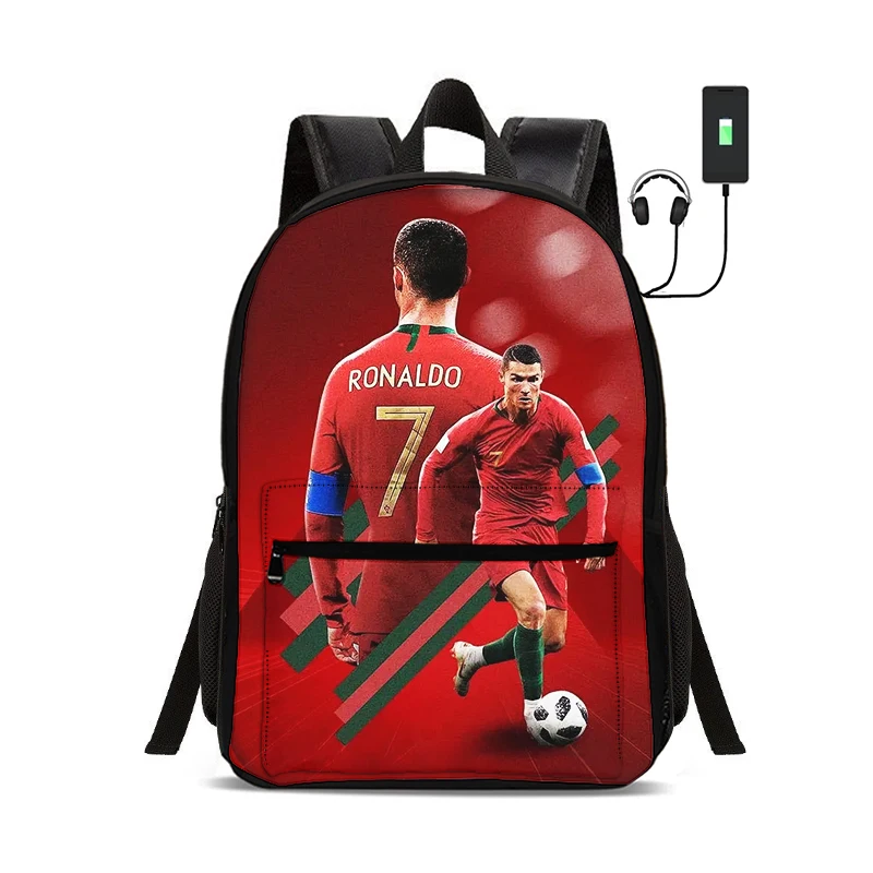 Football Star Backpack with USB interface Bags Ronaldo Backpack for CR Student Rucksack for Boys Girls Best Gift