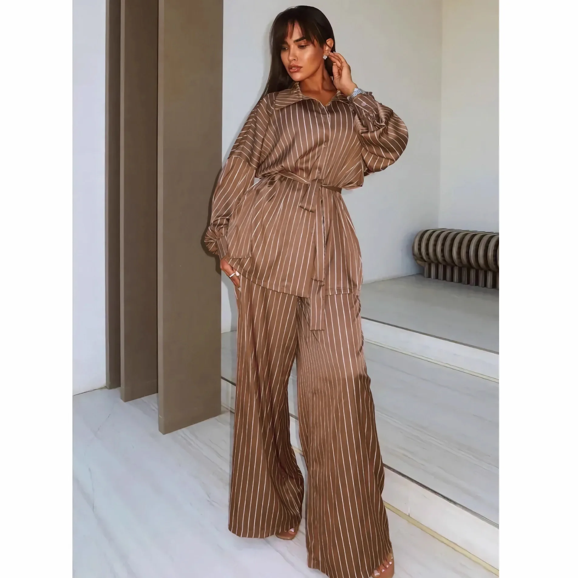 2026 Women Chic Casual Striped Suit Single Breasted Loose Shirt+ Lace-up Wide Leg Long Pants Women Spring Summer Fashion Suit