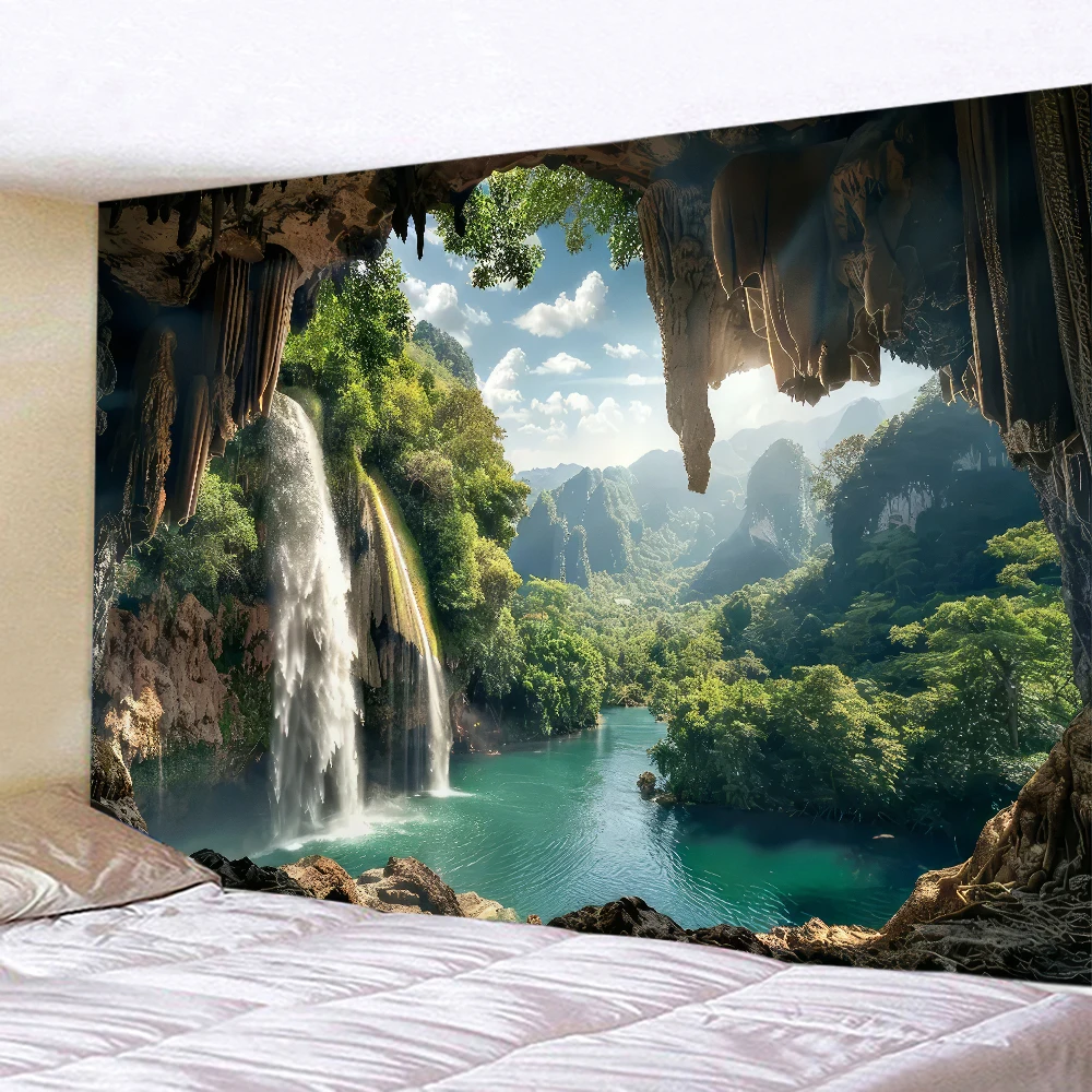 Extragroßer Wasserfall-Wandteppich mit Berg- und Flusslandschaftsmotiv, Kunst-Wandbehang für Wohnzimmer, Inneneinrichtung