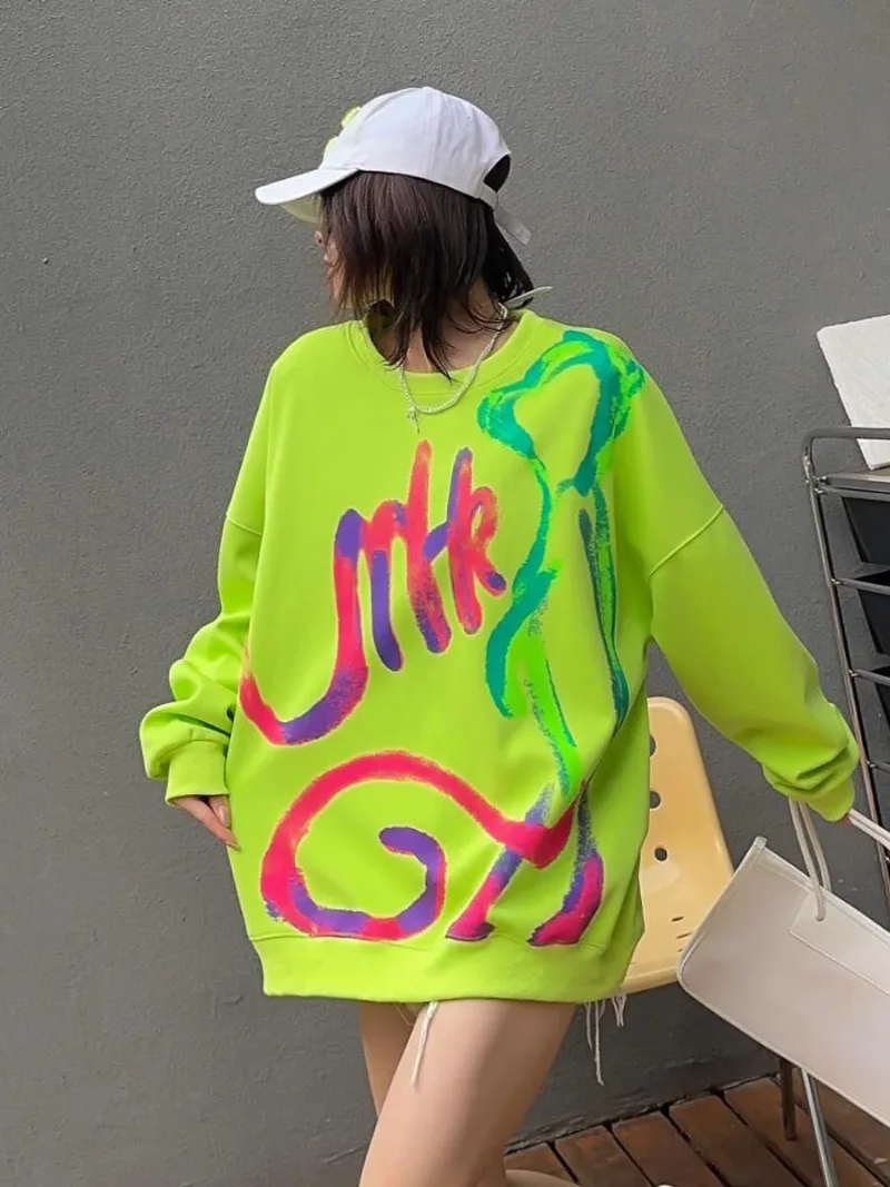 Oversize Graffiti Full Printed Long-Sleeved Sweatshirts Women's Mid-Length Loose Leisure All-Matching Casual Top Sudaderas Mujer