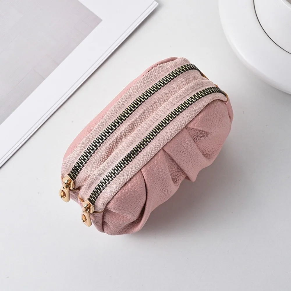 Simple Wrinkle Mini Wallet Zipper Solid Color PU Leather Coin Purse Double-layer Multifunctional Short Wallet Women