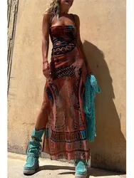 Sexy Backless Lace-up Mesh Dress Women 2024 Summer See-through Spaghetti Strape High Split Vacation Long Dresses Beach Vestidos