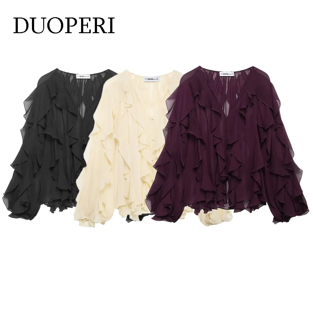 DUOPERI Women Fashion Solid Ruffled Blouse Vintage V-Neck Long Sleeves Female Chic Lady Shirts