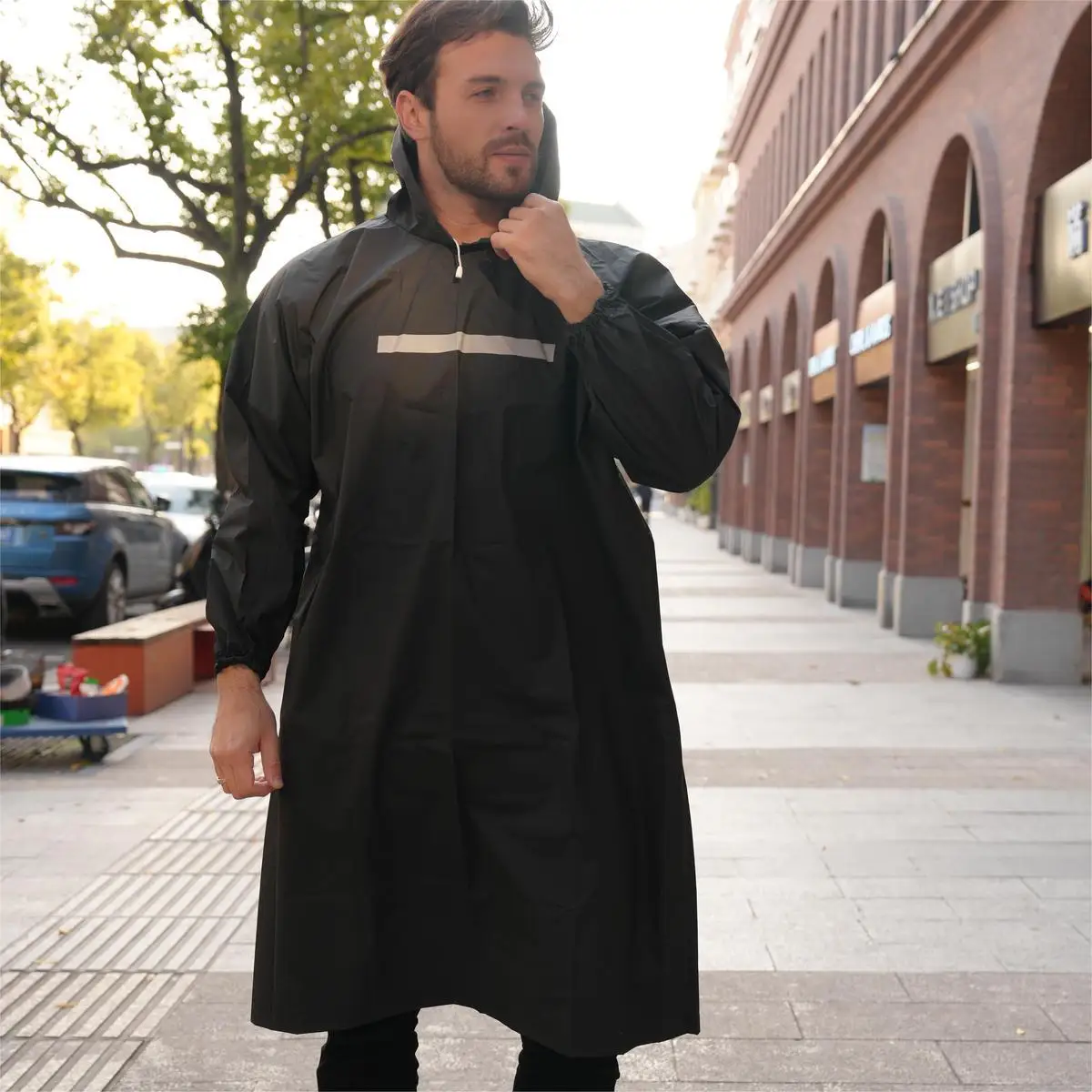 

Light Weight Hooded Onetime Use Hooded Raintreach Raincoat Man Boy With Warning Band