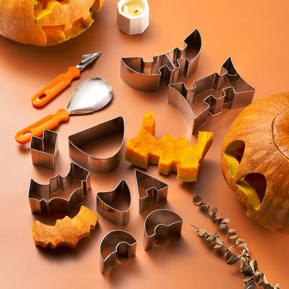 

Halloween Pumpkin Carving Set Pumpkin Face Shape Cookie Cutters Tool Stainless Steel for Decoration Decorating Stencils Metal