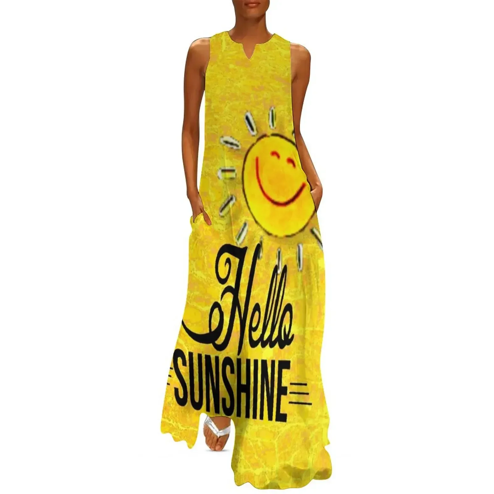 

Hello Sunshine with a Happy Sun. Mindfulness. Bright yellow Pattern. Long Dress Aesthetic clothing Dress