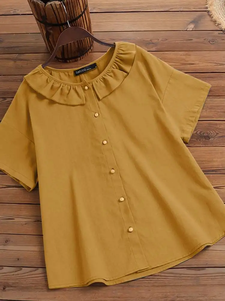 ZANZEA Vintage Cotton Blouse Fashion Women Solid Ruffle Tops Casual Short Sleeve Shirt 2024 Summer O Neck Yellow Camisa Oversize