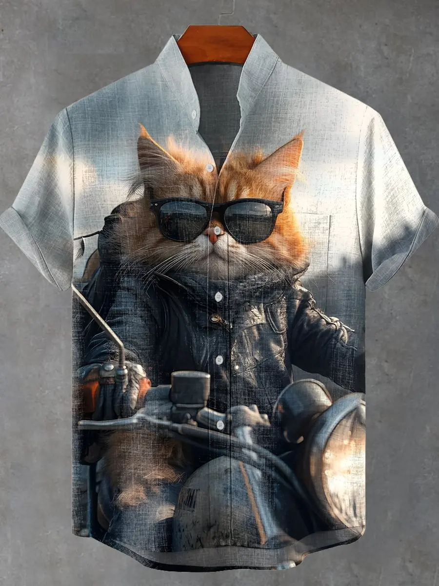 

2025 summer new linen short sleeved shirt for men's casual linen button up shirt, high-end printed domineering kitten pattern