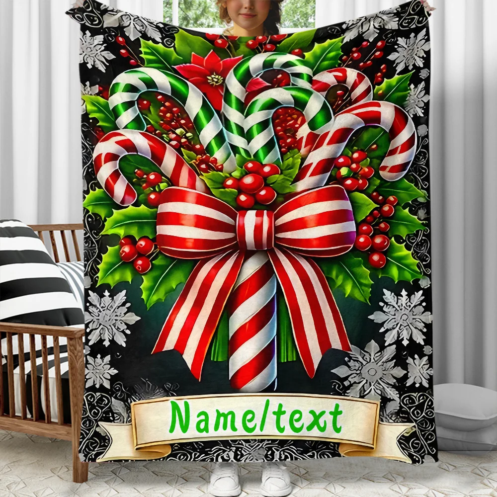 Manta de franela navideña personalizada, suave y cálida, estampado navideño con bastones de caramelo y acebo para sofá cama, viajes, Camping y oficina