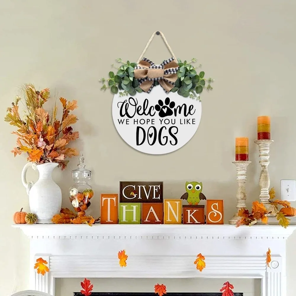 Creative 2D Flat Welcome Sign Wooden Bow Knot Door Wreath Simulated Plant Round Shape Wall Art Front Door