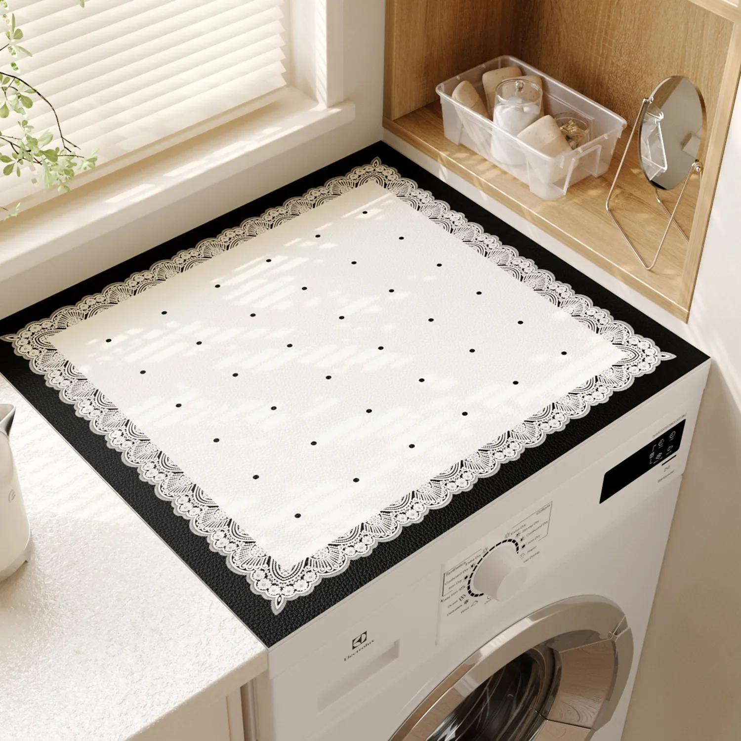 VIKAMA Black White Dot Washing Machine Cover Mat Lace Lace Border Waterproof Anti Dust Pad For Laundry Dryer Cabinet Top