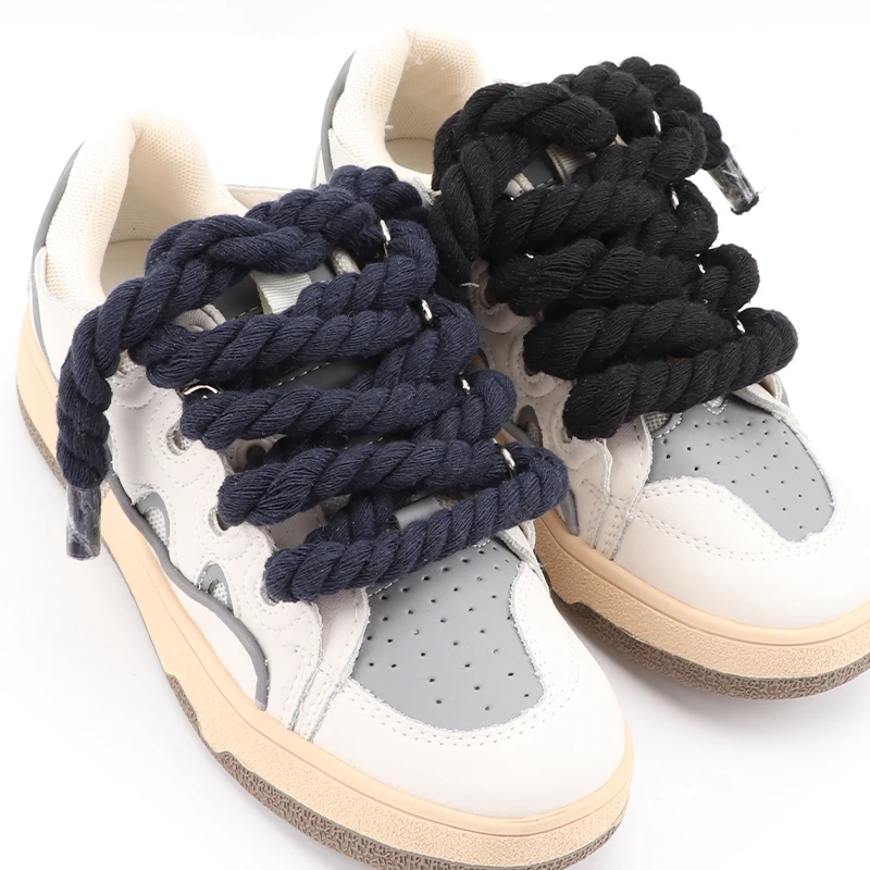 คุณภาพรอบ Shoelaces HAND-ทอ 1 ซม.เชือกผูกรองเท้าสามเชือกฝ้ายสีทึบ Bold Cotton Twist ตกแต่งรองเท้า Laces