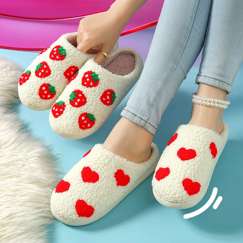 Men's Classy New Heart Mushroom Rainbow Chessboard Strawberry Christmas Tree Warm Thickeneded Plush Home Indoor Cotton Slippers for Men and Women Cute Autumn and Winter Non-Slip - Image 4