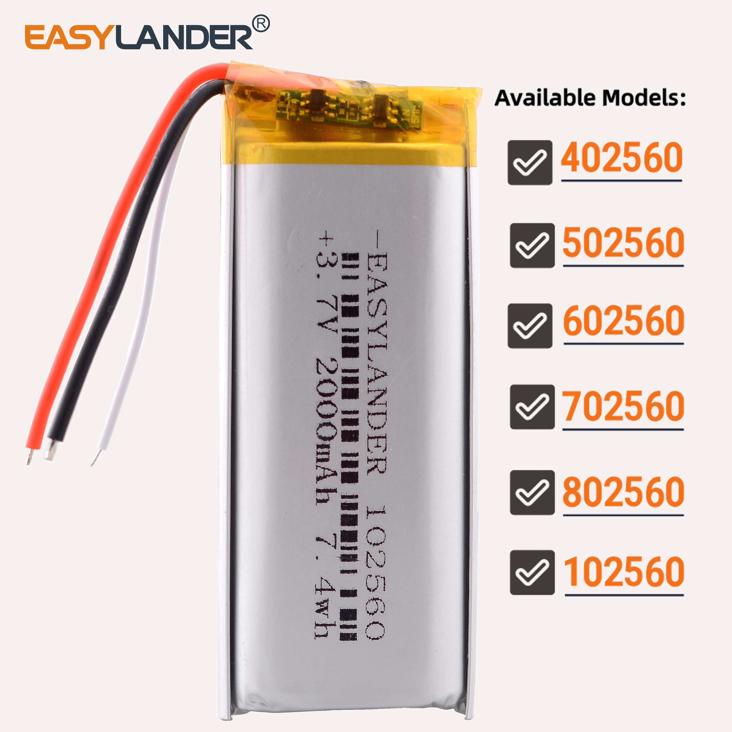 3Wires 102560 402560 502560 702560 602560 802560 3.7V 2000mAh Rechargeable Lithium Li-ion Polymer Lipo Battery